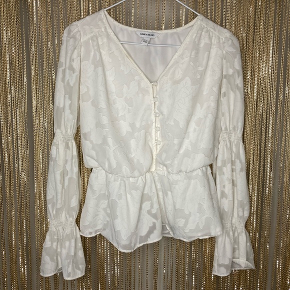 Cream floral peplum top with puffed sheer long sleeves and buttons - Picture 1 of 5